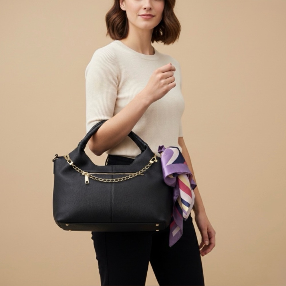 BRAND NEW OOAK Navy Blue Pebble Leather Handbag with Gold & Silk Embellishment